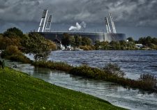 Blick auf das Weserstadion und Hochwasser in der Weser